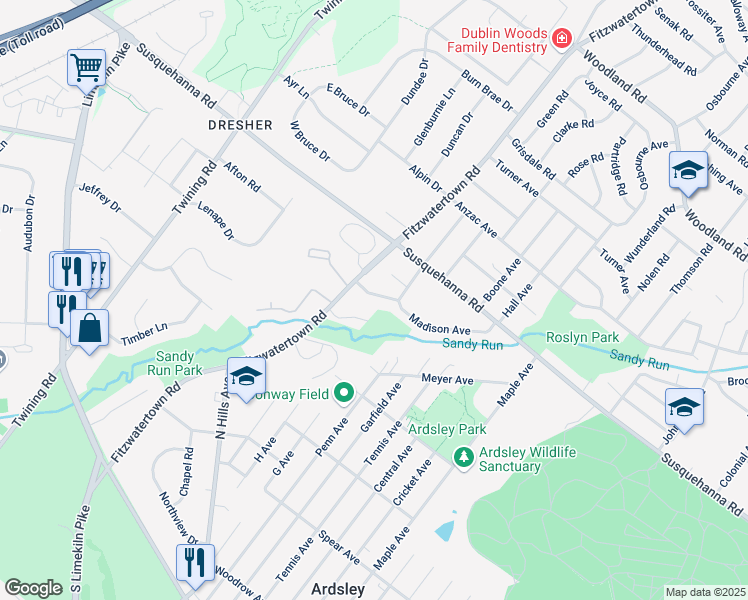map of restaurants, bars, coffee shops, grocery stores, and more near 3036 David Drive in Abington