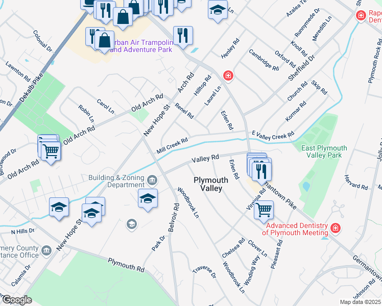 map of restaurants, bars, coffee shops, grocery stores, and more near 202 Mill Creek Road in Plymouth Meeting