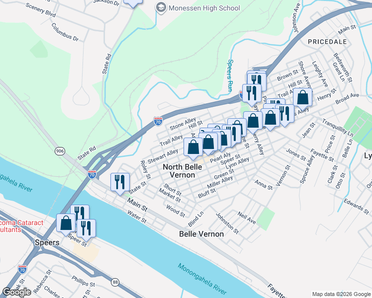 map of restaurants, bars, coffee shops, grocery stores, and more near 432 Graham Street in Belle Vernon