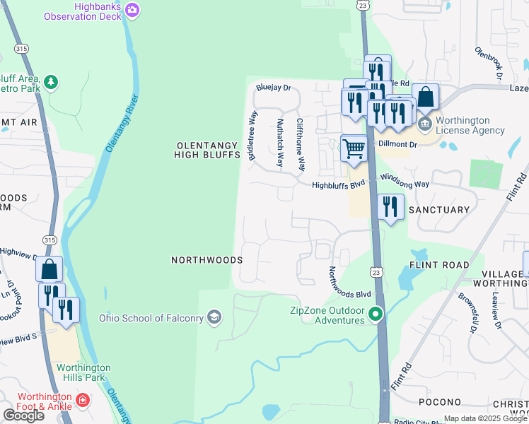 map of restaurants, bars, coffee shops, grocery stores, and more near 8261 Northwoods Court in Columbus