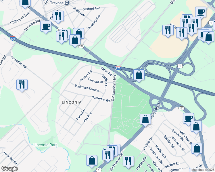 map of restaurants, bars, coffee shops, grocery stores, and more near 2881 Garfield Lane in Trevose
