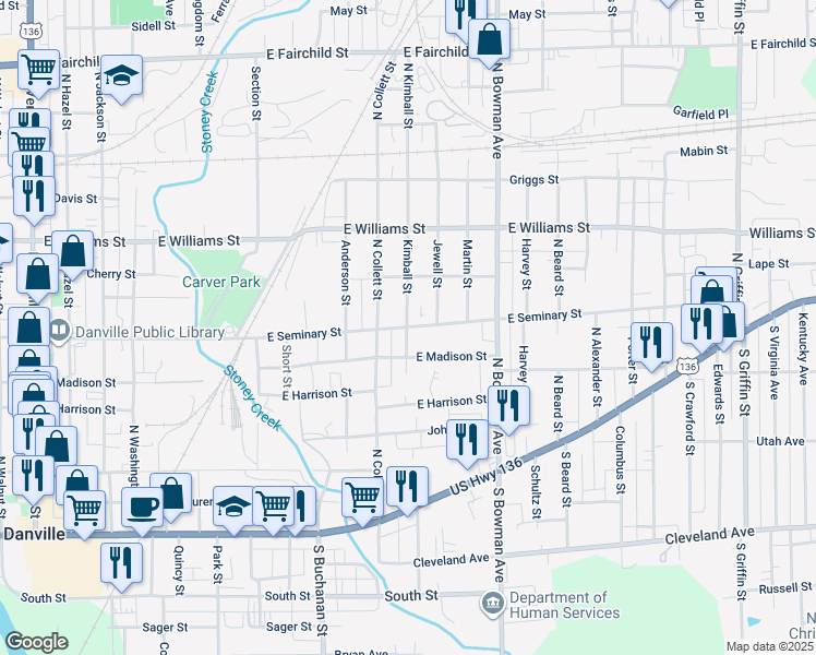 map of restaurants, bars, coffee shops, grocery stores, and more near 401 Kimball Street in Danville