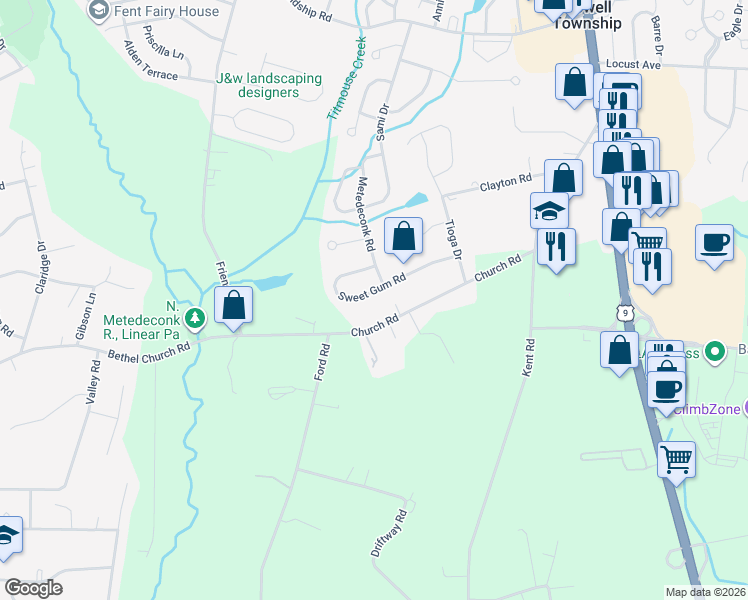 map of restaurants, bars, coffee shops, grocery stores, and more near 32 Sweet Gum Road in Howell Township