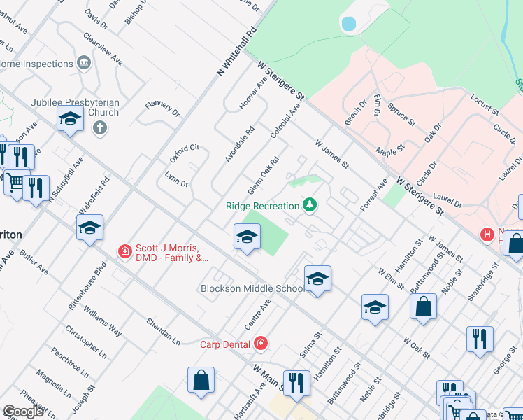map of restaurants, bars, coffee shops, grocery stores, and more near 404 Wendover Drive in Eagleville