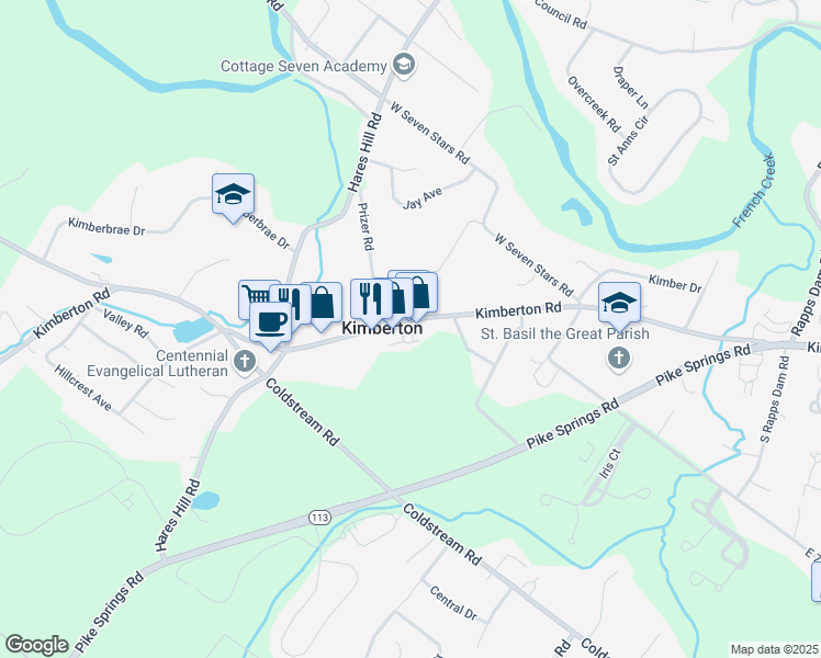map of restaurants, bars, coffee shops, grocery stores, and more near in Kimberton