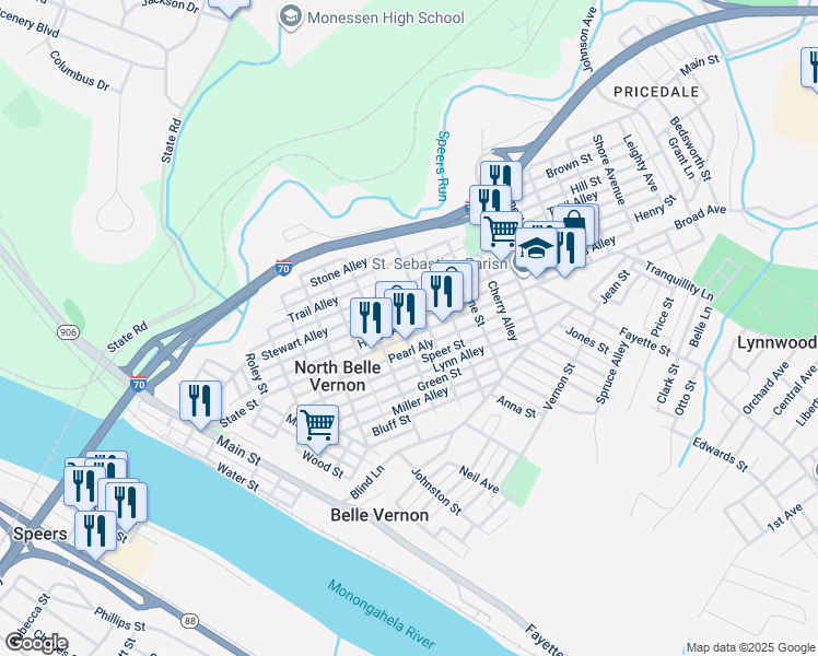 map of restaurants, bars, coffee shops, grocery stores, and more near 521R Henry Street in Belle Vernon
