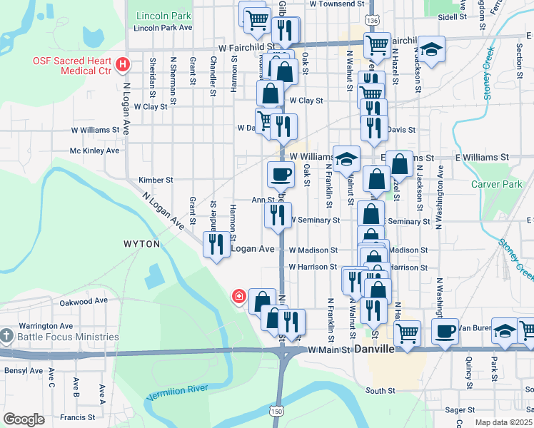 map of restaurants, bars, coffee shops, grocery stores, and more near 409 North Gilbert Street in Danville