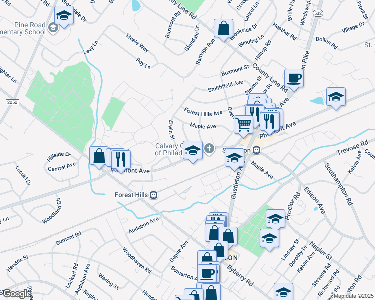 map of restaurants, bars, coffee shops, grocery stores, and more near 14006 Faraday Street in Philadelphia