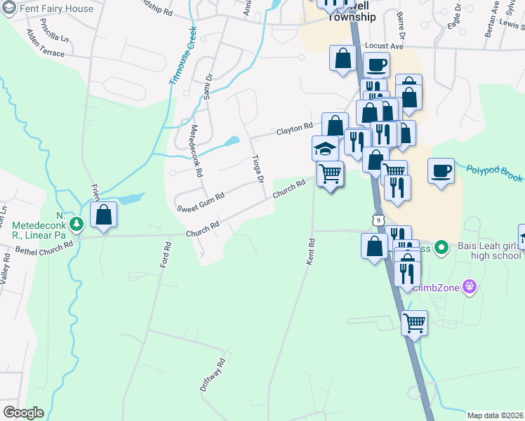 map of restaurants, bars, coffee shops, grocery stores, and more near 41 Church Road in Howell Township