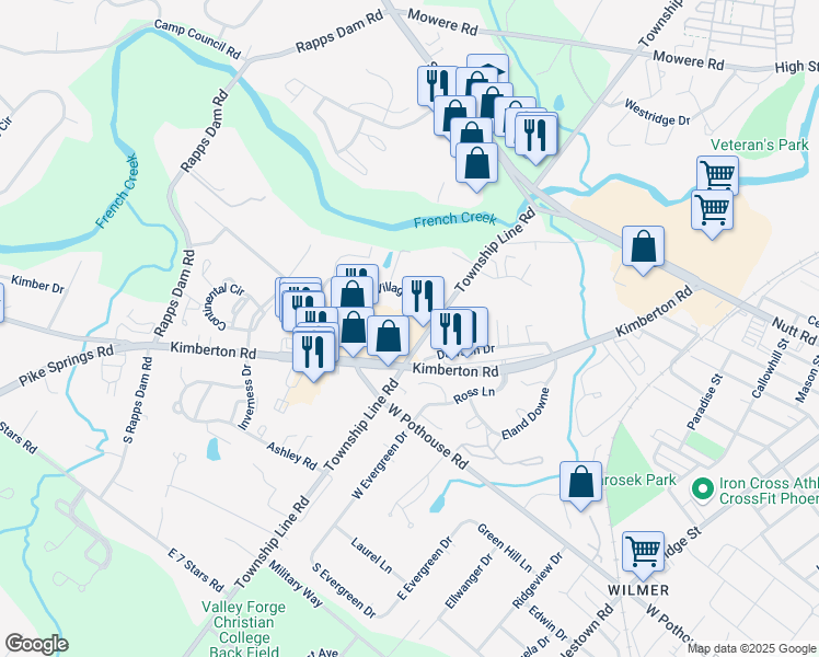 map of restaurants, bars, coffee shops, grocery stores, and more near 1063 Township Line Road in Phoenixville