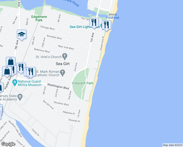 map of restaurants, bars, coffee shops, grocery stores, and more near 609 Ocean Avenue in Sea Girt
