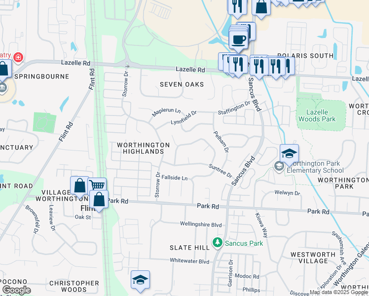 map of restaurants, bars, coffee shops, grocery stores, and more near 725 Summertree Lane in Westerville
