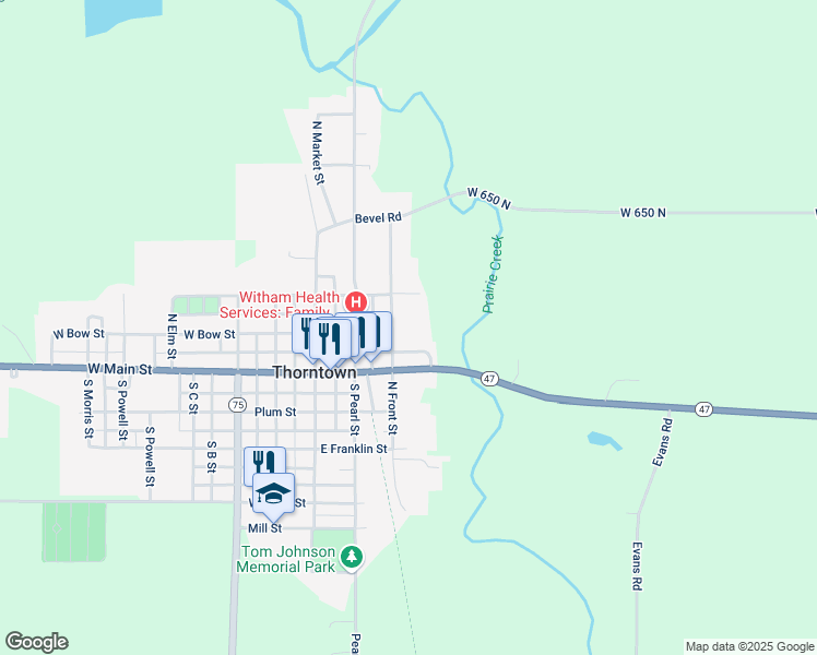 map of restaurants, bars, coffee shops, grocery stores, and more near 202 North Front Street in Thorntown