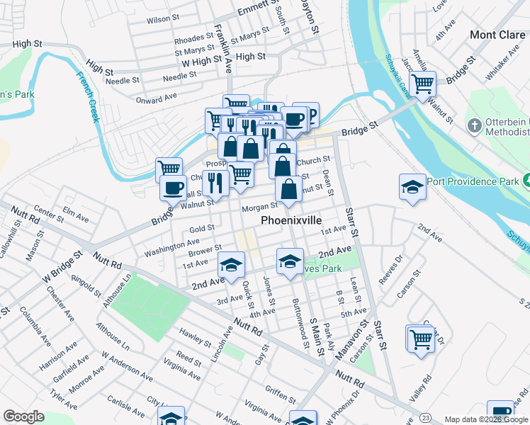 map of restaurants, bars, coffee shops, grocery stores, and more near 218 Morgan Street in Phoenixville