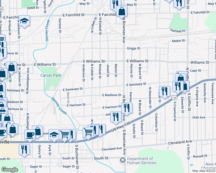 map of restaurants, bars, coffee shops, grocery stores, and more near 819 East Seminary Street in Danville