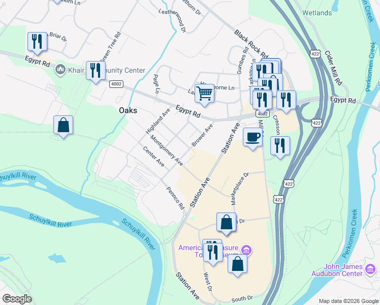 map of restaurants, bars, coffee shops, grocery stores, and more near 312 Brower Avenue in Phoenixville