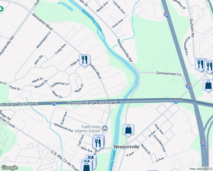 map of restaurants, bars, coffee shops, grocery stores, and more near 1119 Bensalem Boulevard in Bensalem
