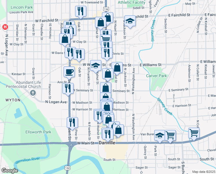 map of restaurants, bars, coffee shops, grocery stores, and more near 407 North Vermilion Street in Danville