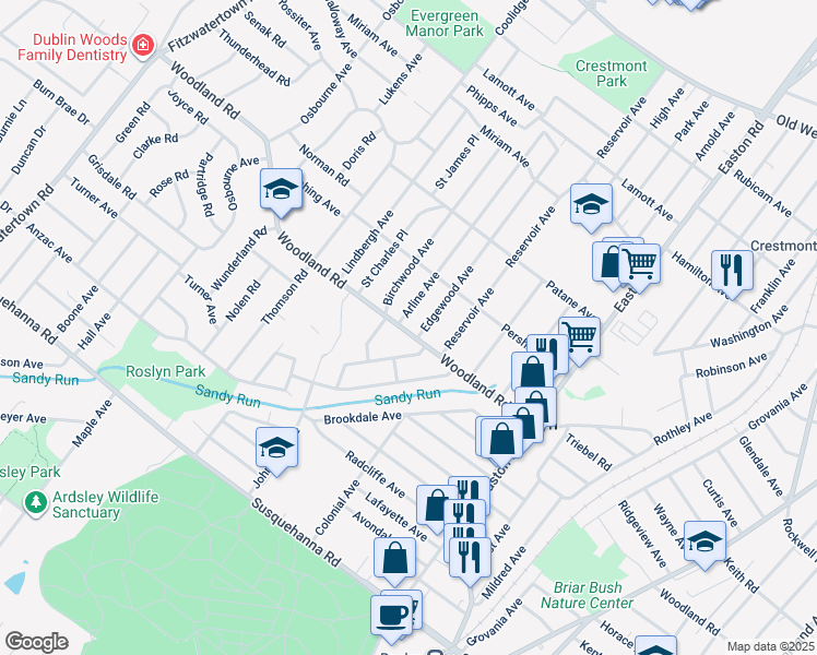 map of restaurants, bars, coffee shops, grocery stores, and more near 2559 Woodland Road in Abington