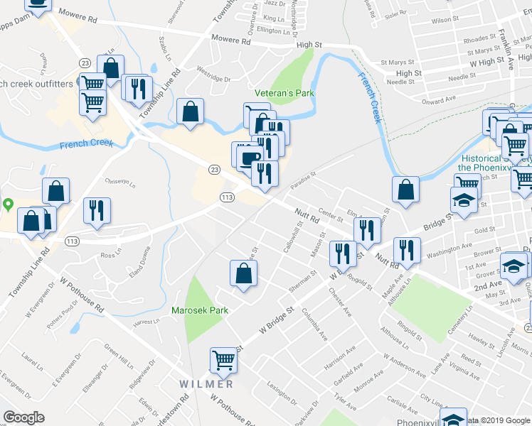 map of restaurants, bars, coffee shops, grocery stores, and more near 656 Nutt Road in Phoenixville