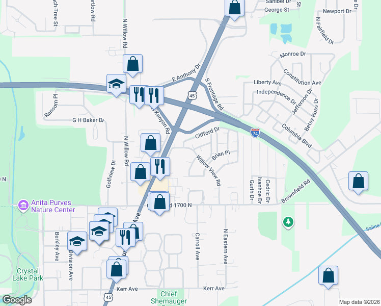 map of restaurants, bars, coffee shops, grocery stores, and more near 1815 Willow View Road in Urbana