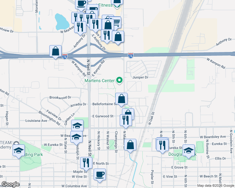 map of restaurants, bars, coffee shops, grocery stores, and more near 1411 North Champaign Street in Champaign