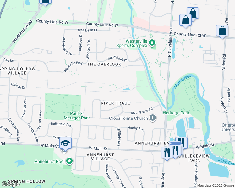 map of restaurants, bars, coffee shops, grocery stores, and more near 705 Bigham Ridge Boulevard in Westerville