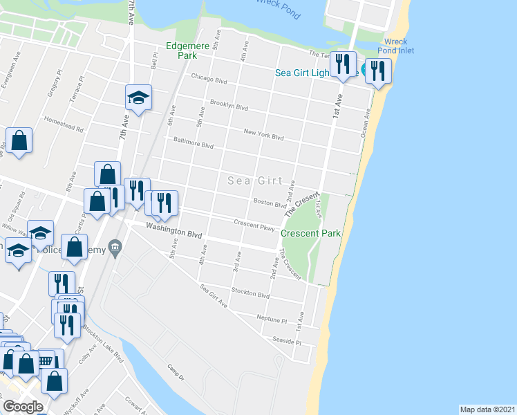map of restaurants, bars, coffee shops, grocery stores, and more near 218 Boston Boulevard in Sea Girt