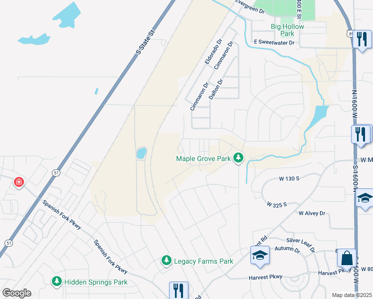 map of restaurants, bars, coffee shops, grocery stores, and more near 34 South Lunar Way in Mapleton