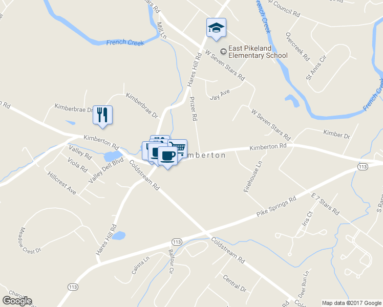 map of restaurants, bars, coffee shops, grocery stores, and more near 2177 Kimberton Road in Phoenixville