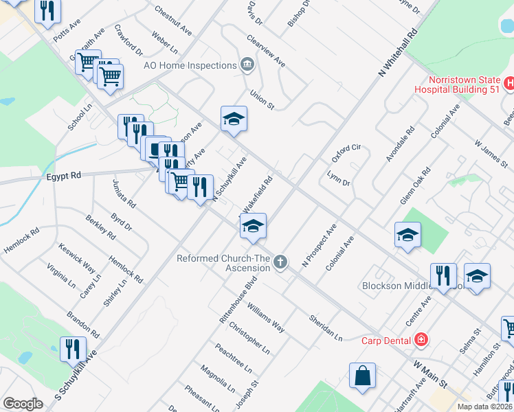map of restaurants, bars, coffee shops, grocery stores, and more near 28 North Wakefield Road in Norristown