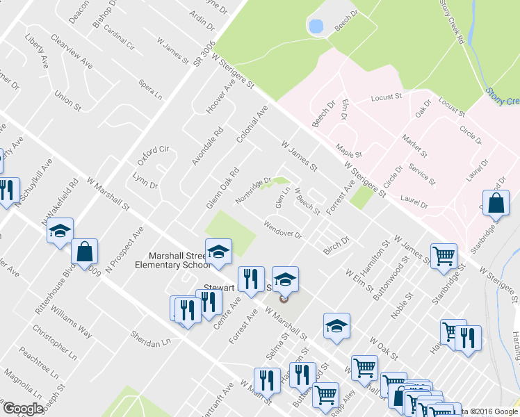 map of restaurants, bars, coffee shops, grocery stores, and more near 510 Crystal Lane in Eagleville