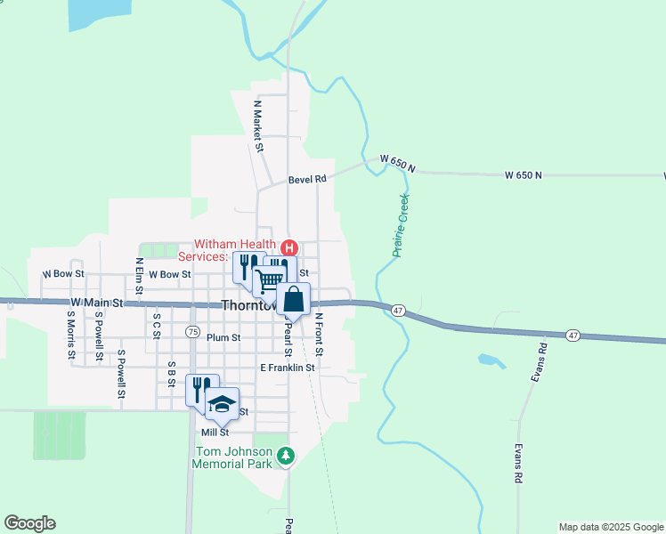 map of restaurants, bars, coffee shops, grocery stores, and more near 202 North Front Street in Thorntown