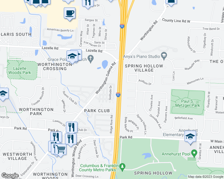map of restaurants, bars, coffee shops, grocery stores, and more near 7984 Solitude Drive in Westerville