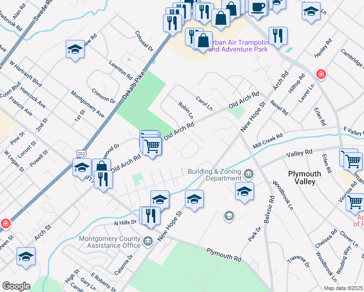 map of restaurants, bars, coffee shops, grocery stores, and more near 2104 Carol Lane in Norristown