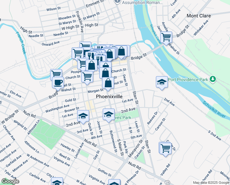 map of restaurants, bars, coffee shops, grocery stores, and more near 151 Washington Avenue in Phoenixville