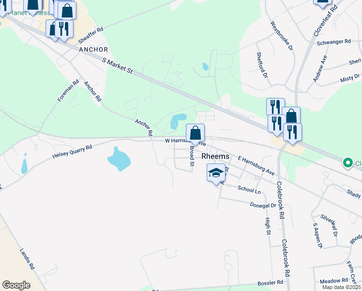 map of restaurants, bars, coffee shops, grocery stores, and more near 140 W Harrisburg Ave in Elizabethtown