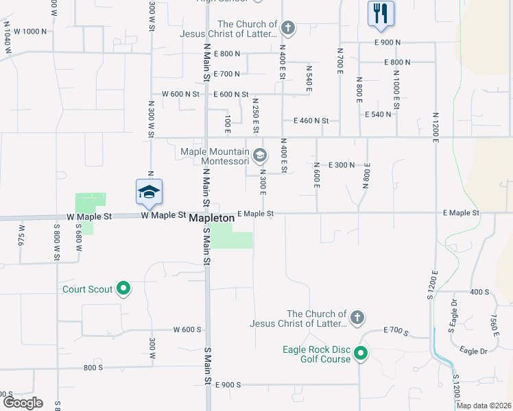 map of restaurants, bars, coffee shops, grocery stores, and more near 263 East Maple Street in Mapleton