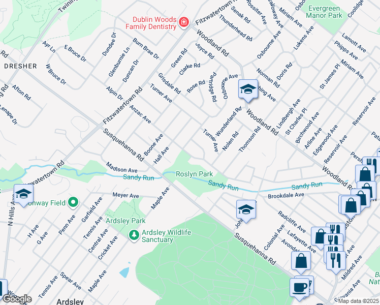 map of restaurants, bars, coffee shops, grocery stores, and more near 2829 Anzac Avenue in Abington