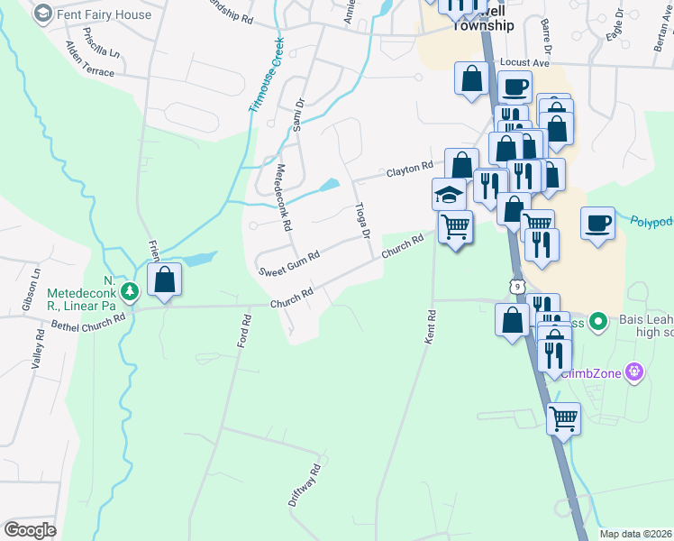 map of restaurants, bars, coffee shops, grocery stores, and more near 58 Church Road in Howell Township