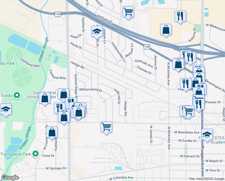 map of restaurants, bars, coffee shops, grocery stores, and more near 1508 Holly Hill Drive in Champaign