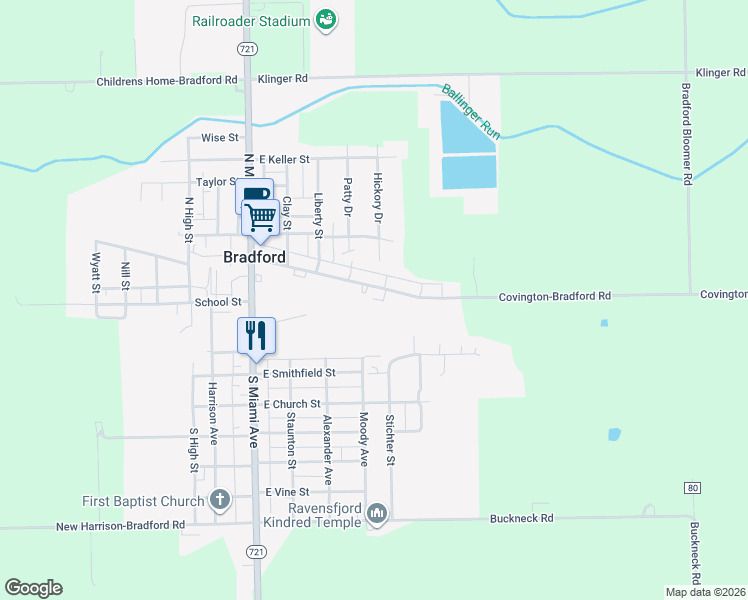 map of restaurants, bars, coffee shops, grocery stores, and more near 501 East Main Street in Bradford