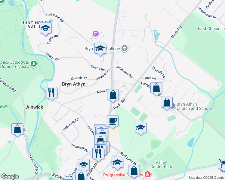 map of restaurants, bars, coffee shops, grocery stores, and more near 2765 Huntingdon Pike in Bryn Athyn