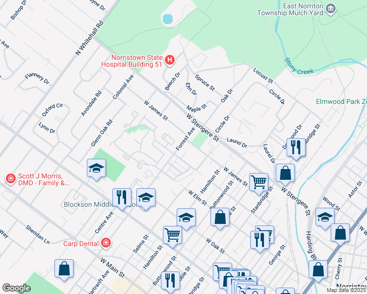 map of restaurants, bars, coffee shops, grocery stores, and more near 916 Forrest Avenue in Norristown