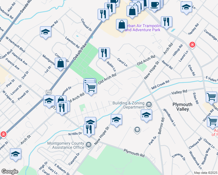 map of restaurants, bars, coffee shops, grocery stores, and more near 2104 Carol Lane in Norristown