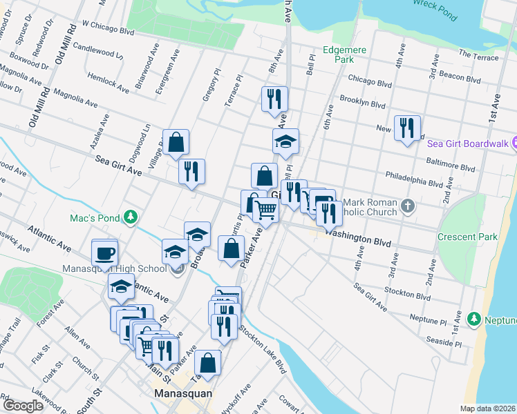 map of restaurants, bars, coffee shops, grocery stores, and more near 707 Sea Girt Avenue in Sea Girt