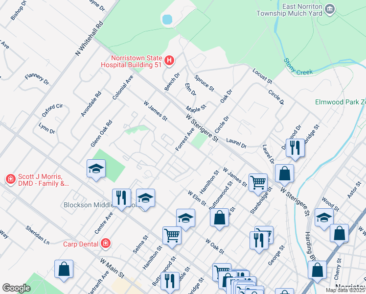 map of restaurants, bars, coffee shops, grocery stores, and more near 916 Forrest Avenue in Norristown