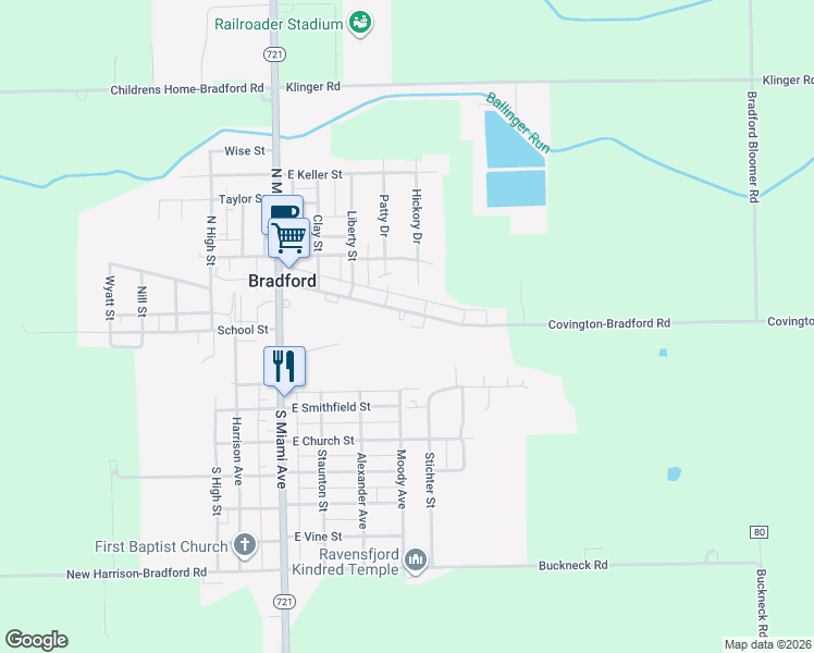 map of restaurants, bars, coffee shops, grocery stores, and more near 501 East Main Street in Bradford
