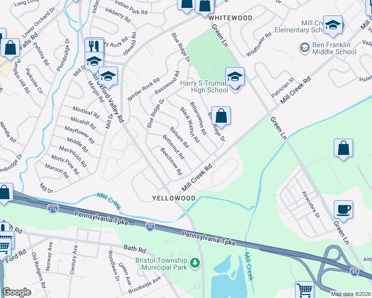 map of restaurants, bars, coffee shops, grocery stores, and more near 22 Balsam Road in Levittown