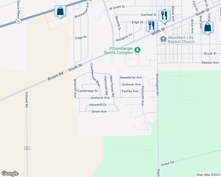 map of restaurants, bars, coffee shops, grocery stores, and more near 914 Falmouth Road in Piqua